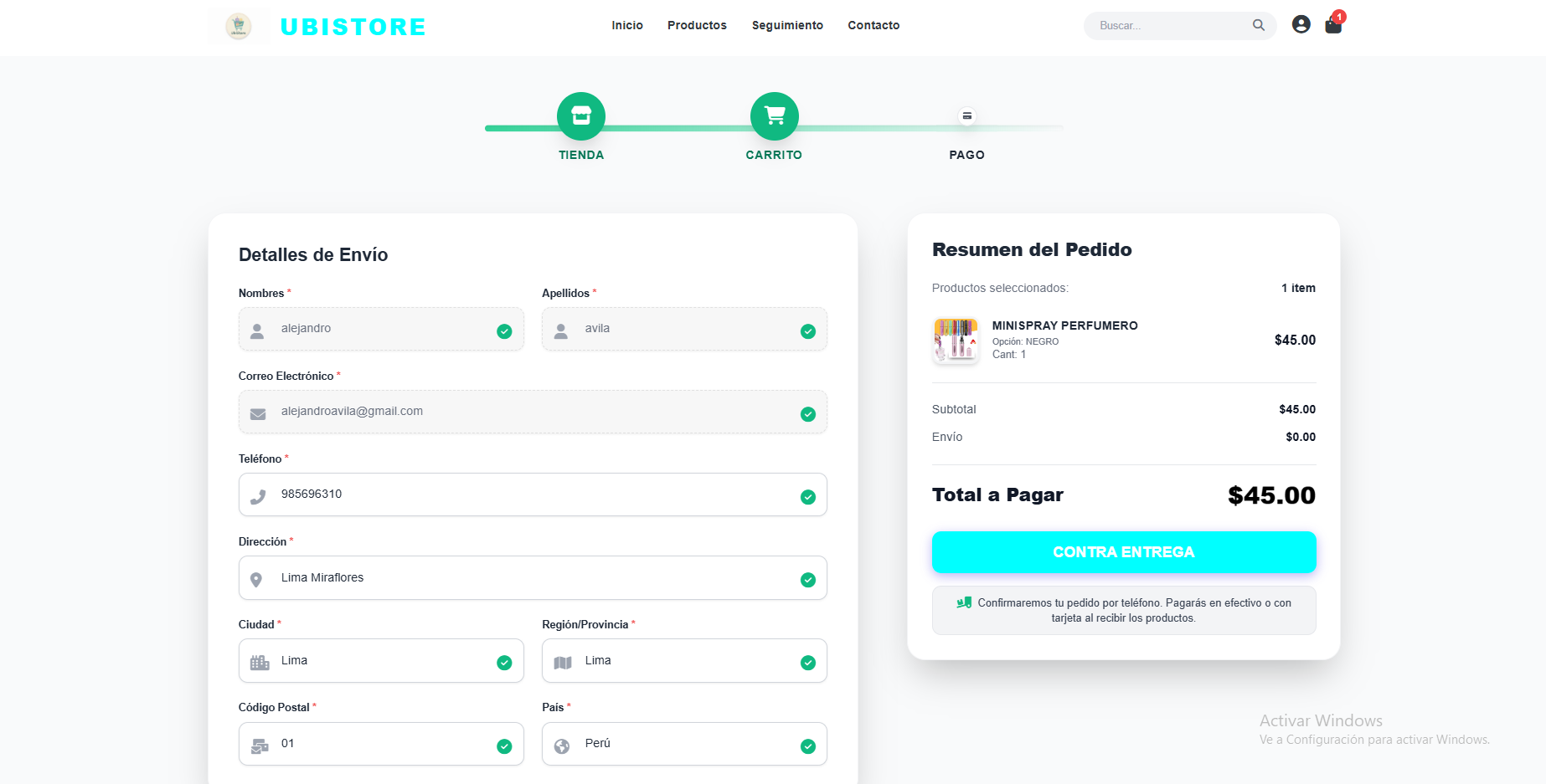 Página de finalizar compra (checkout) de la tienda virtual con opciones de pago y envío