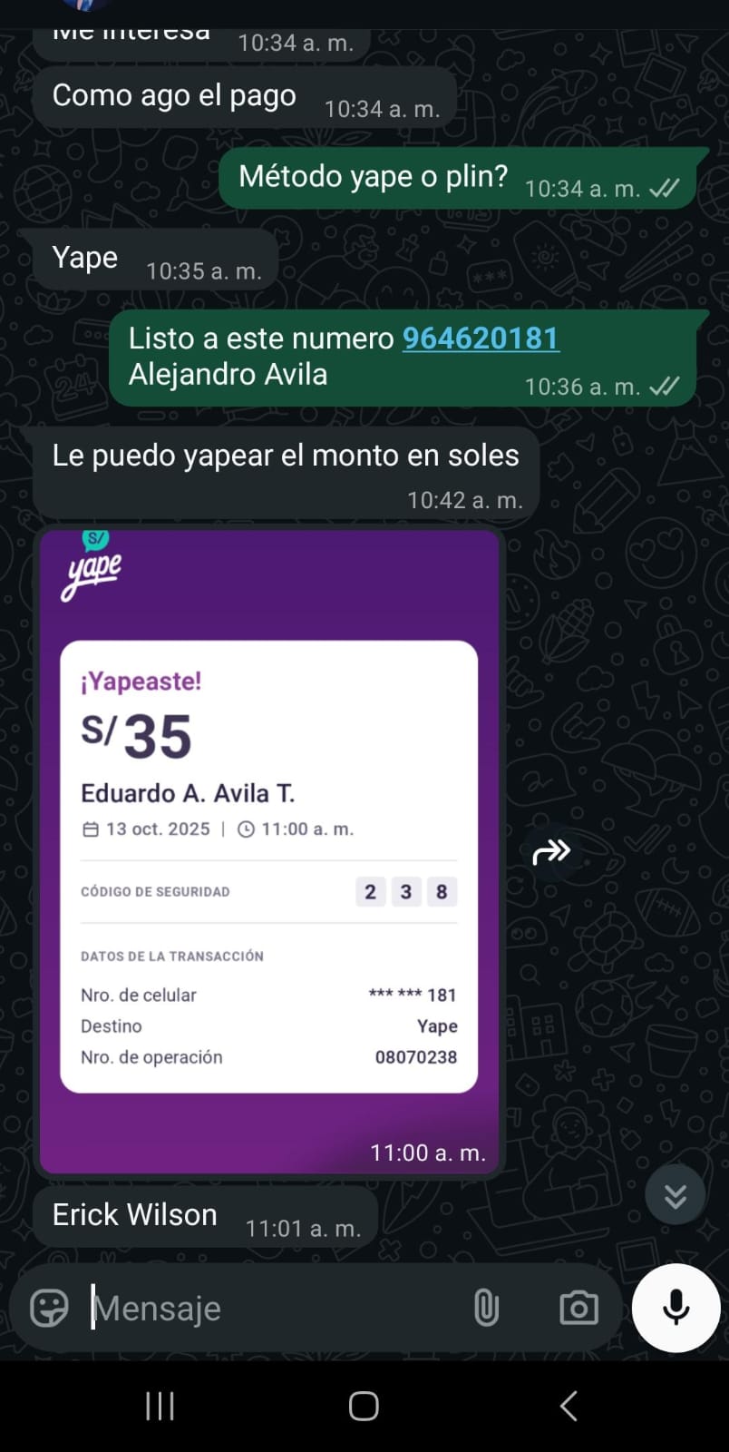 Referencia de pago y confirmación de Plan Básico por Yape